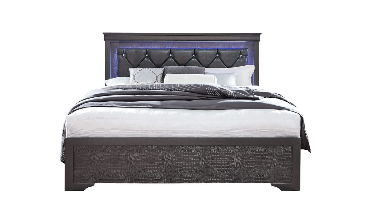 CAMA QUEEN POMPEI GRIS METALIZADO CON LED