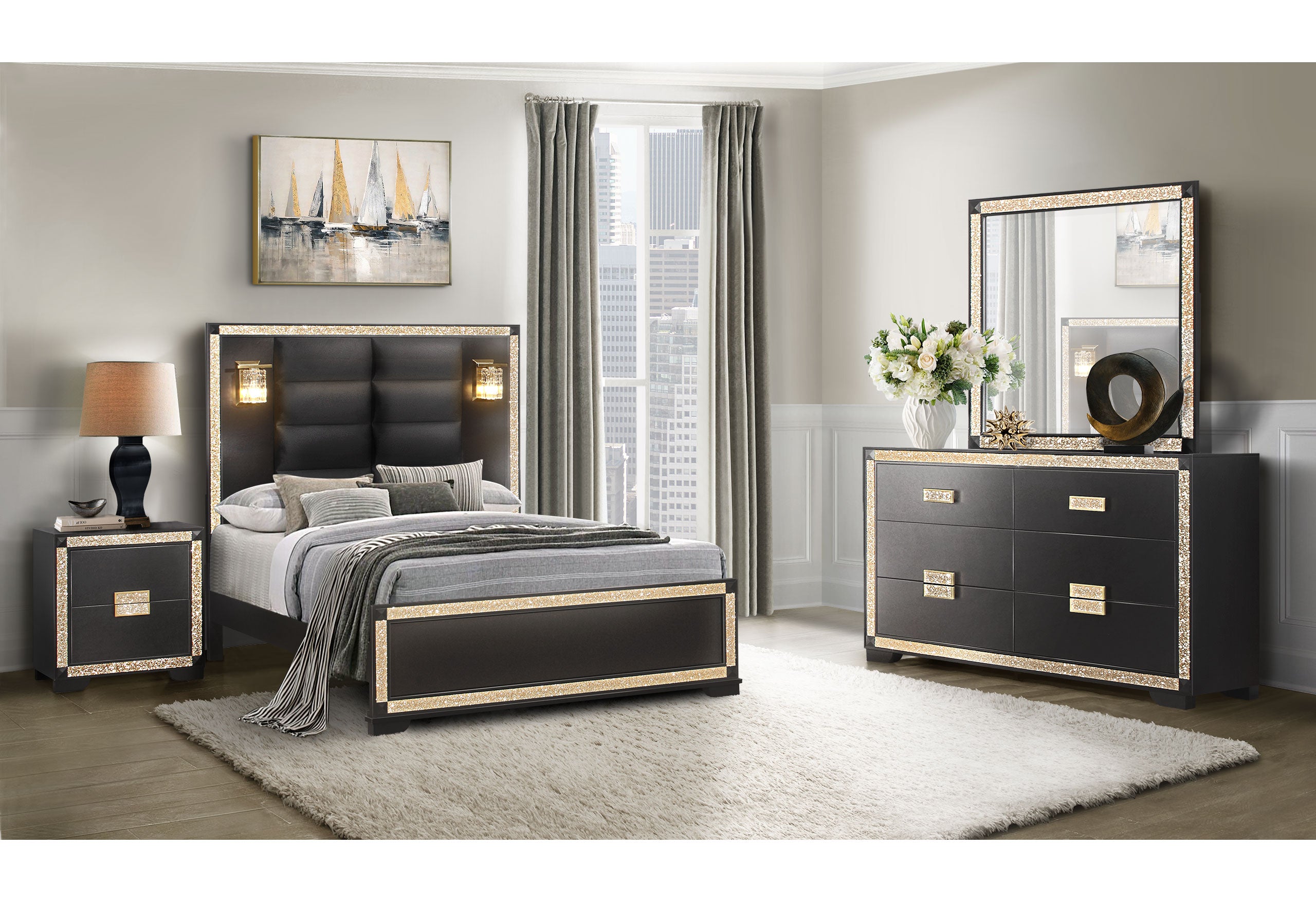 BLAKE BLACK/GOLD QUEEN BED GROUP WITH LAMPS