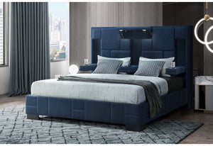 Cama Queen Oscar azul marino sin molduras de madera
