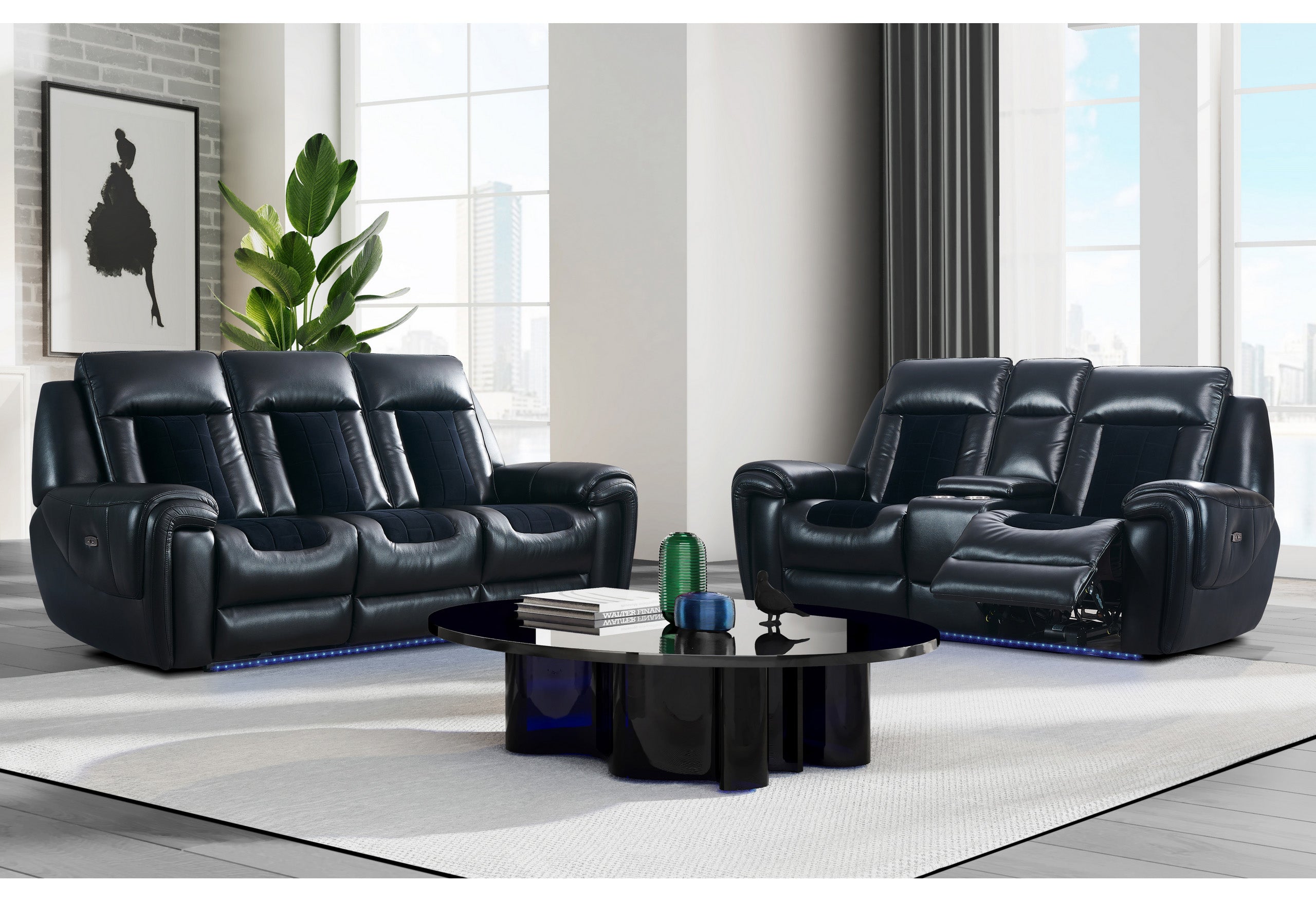 U0700 BLANCHE BLACK/VELVET POWER RECLINING SOFA / POWER CONSOLE RECLINING LOVESEAT