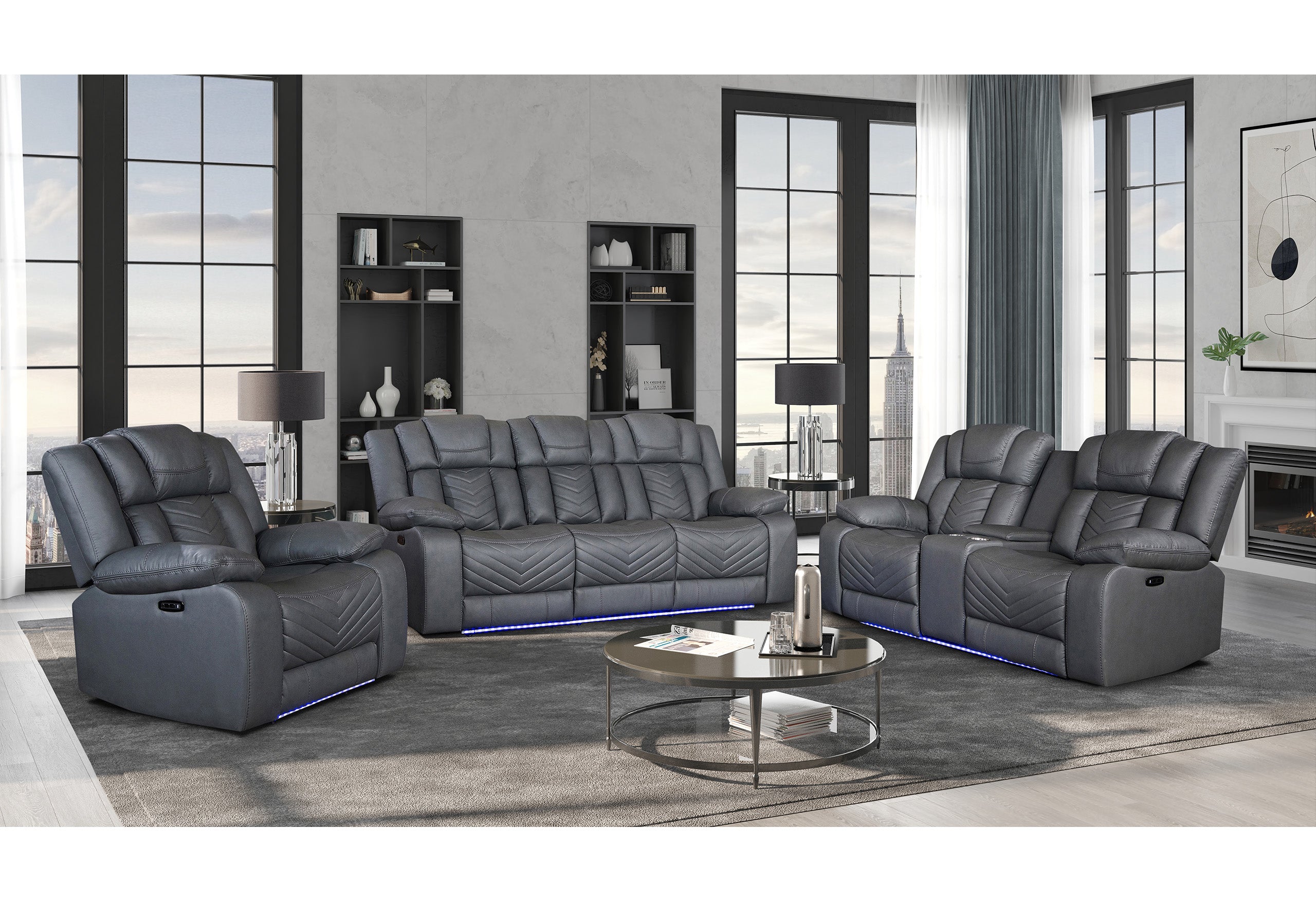 U7068 GREY 10 POWER RECLINING SOFA/POWER CONSOLE RECLINING LOVESEAT/POWER RECLINER W/LED