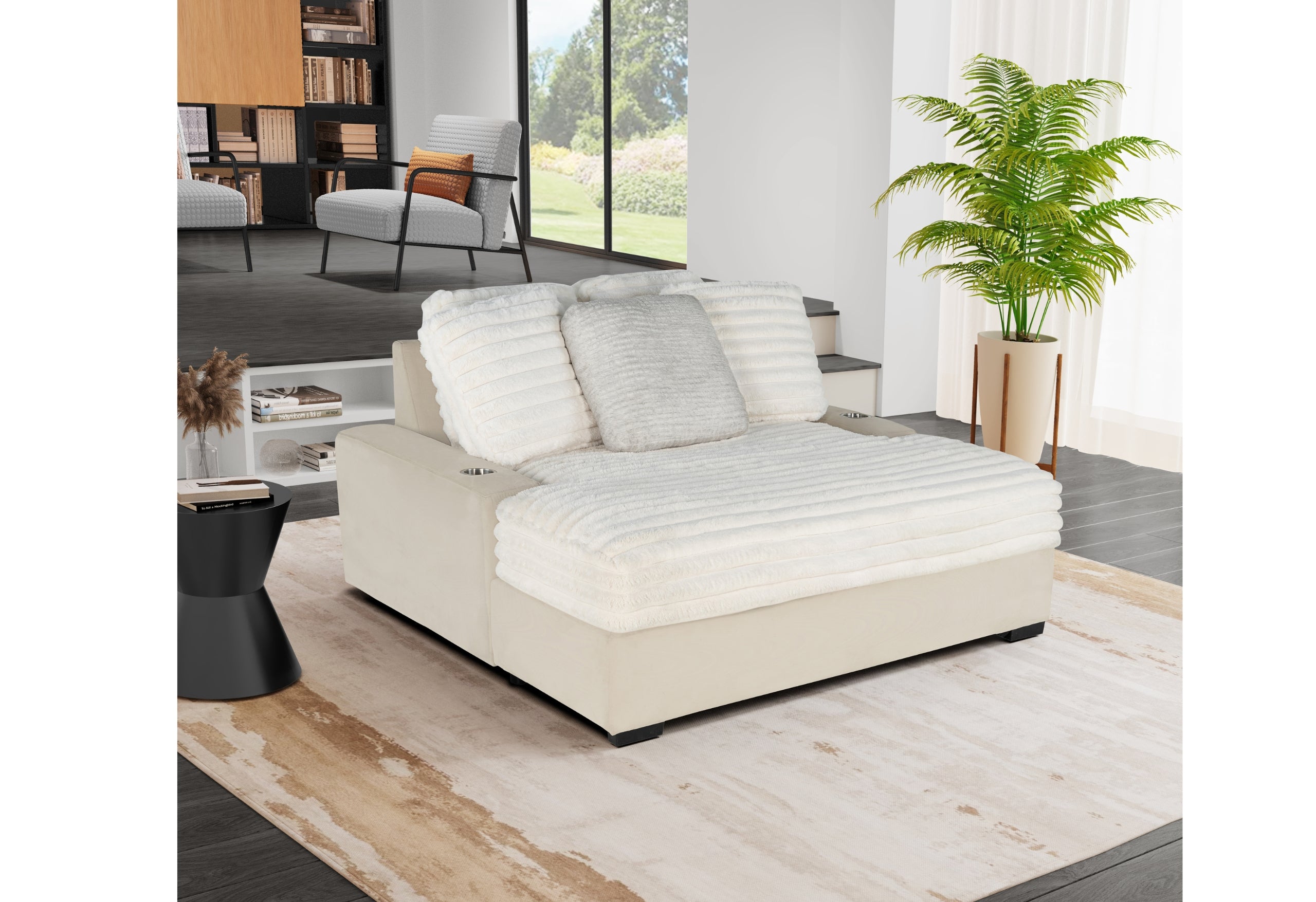 U8291 BEIGE SEAT CUSHION WITH USB, BACK SEAT AND REST FRAME,RIGHT ARM AND 3 PILLOWS
