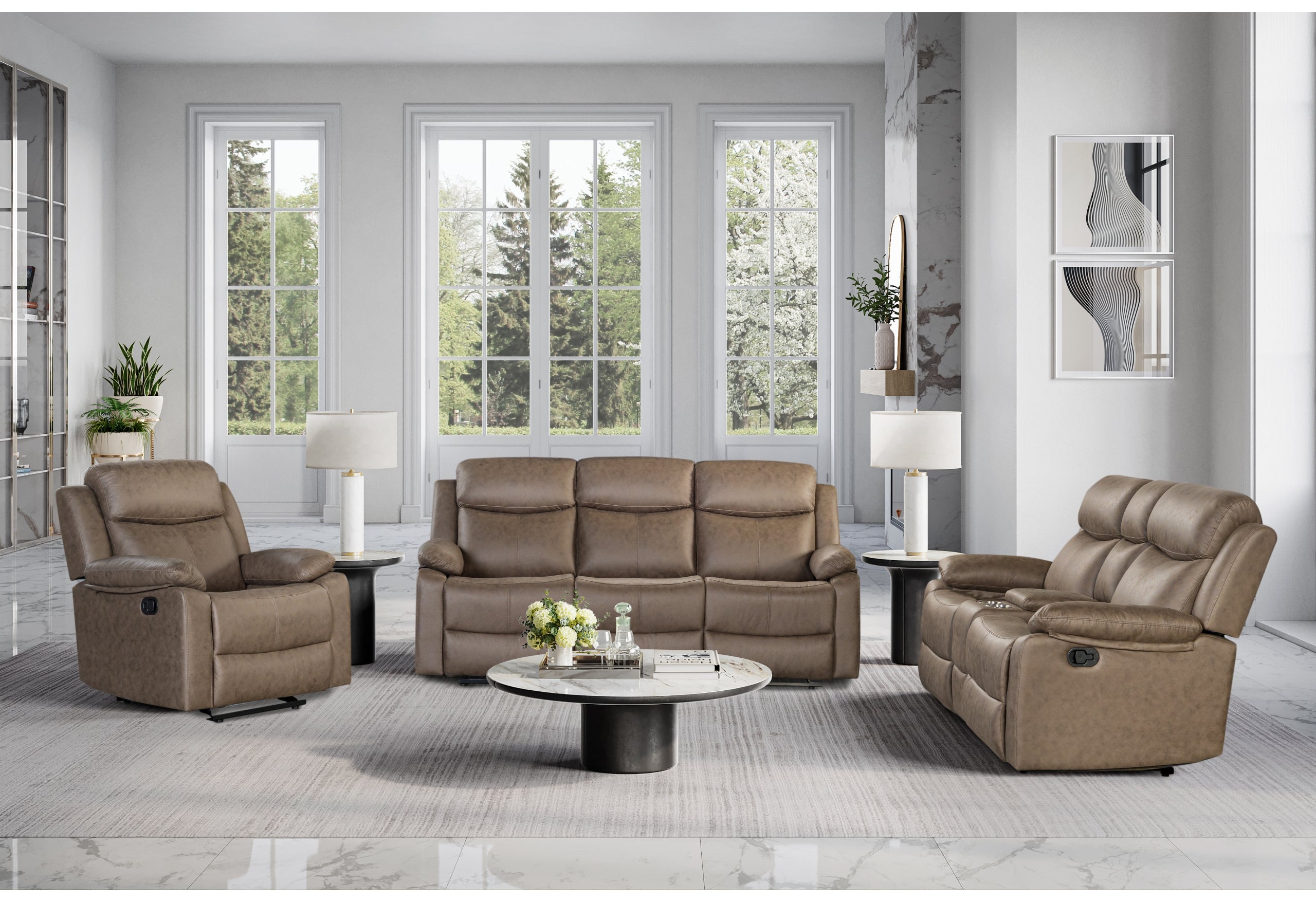 U6026 BROWN RECLINING SOFA/RECLINING CONSOLE LOVESEAT/GLIDER RECLINER