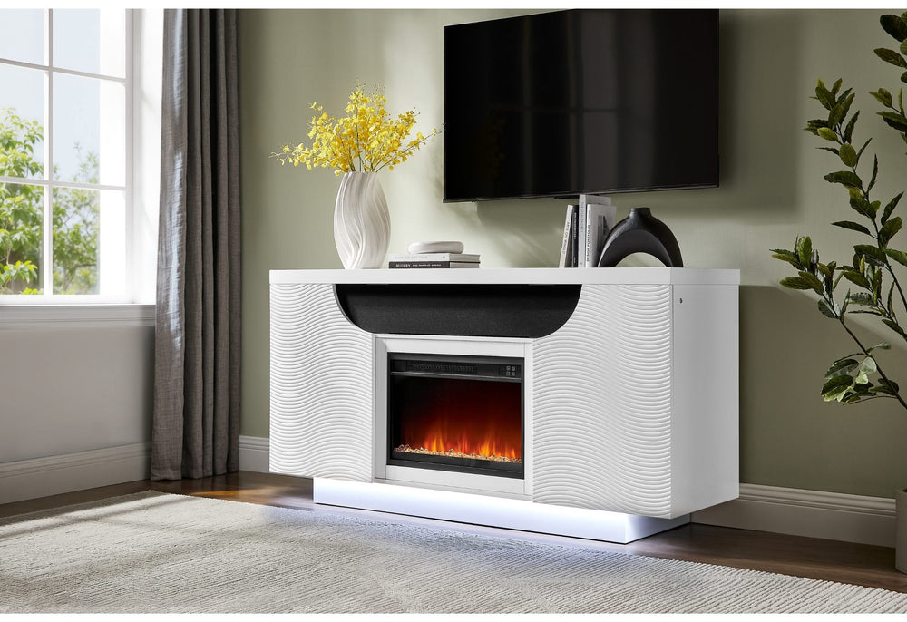 MUEBLE DE ENTRETENIMIENTO AILEEN WHITE DE 66" CON LED, ALTAVOCES, INSERTOS DE CRISTAL Y PUERTAS CENTRALES ELEVABLES