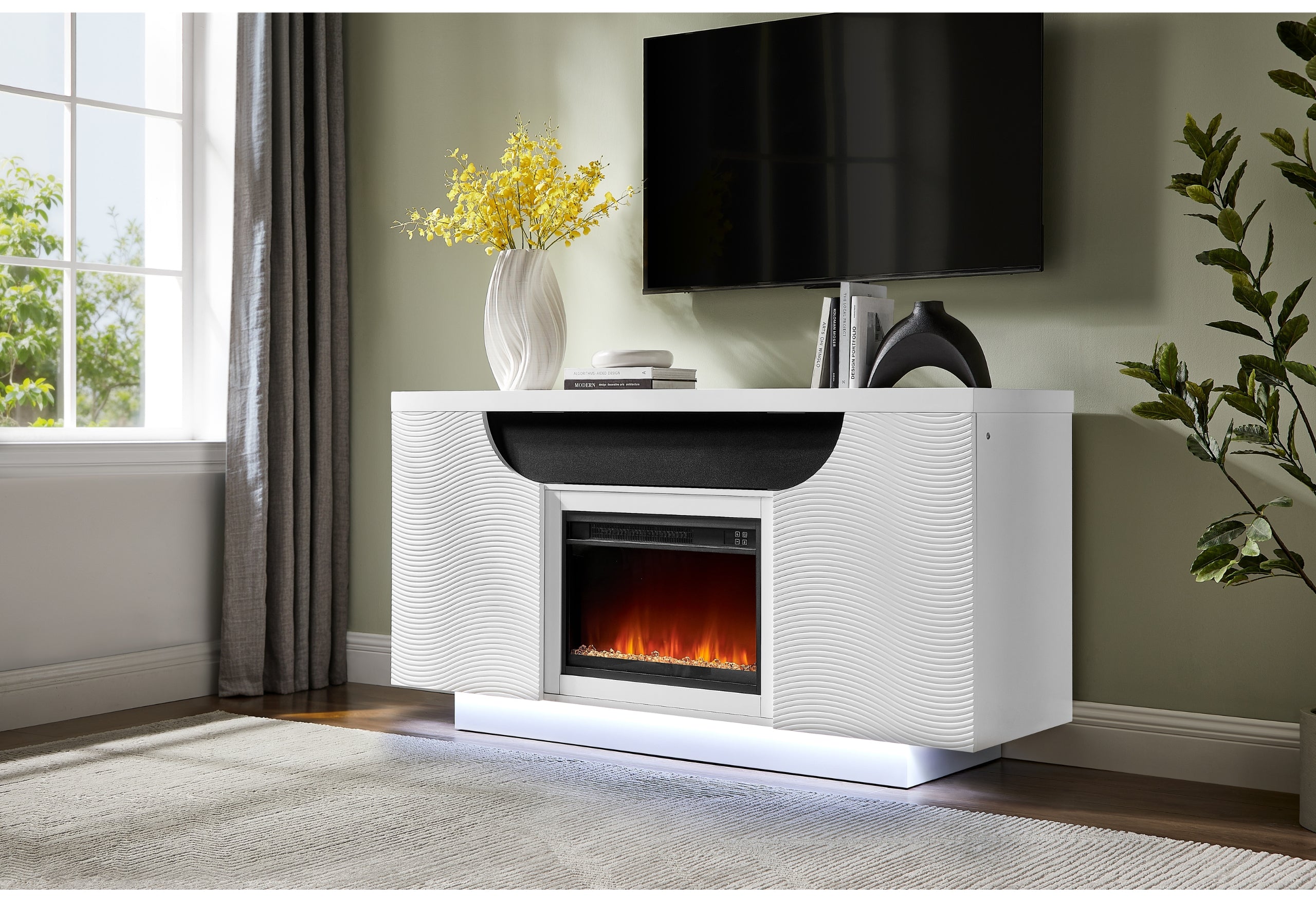 AILEEN WHITE 66" ENTERTAINMENT UNIT WITH LED, SPEAKERS, CRYSTAL INSERTS AND POP UP CENTER DOORS