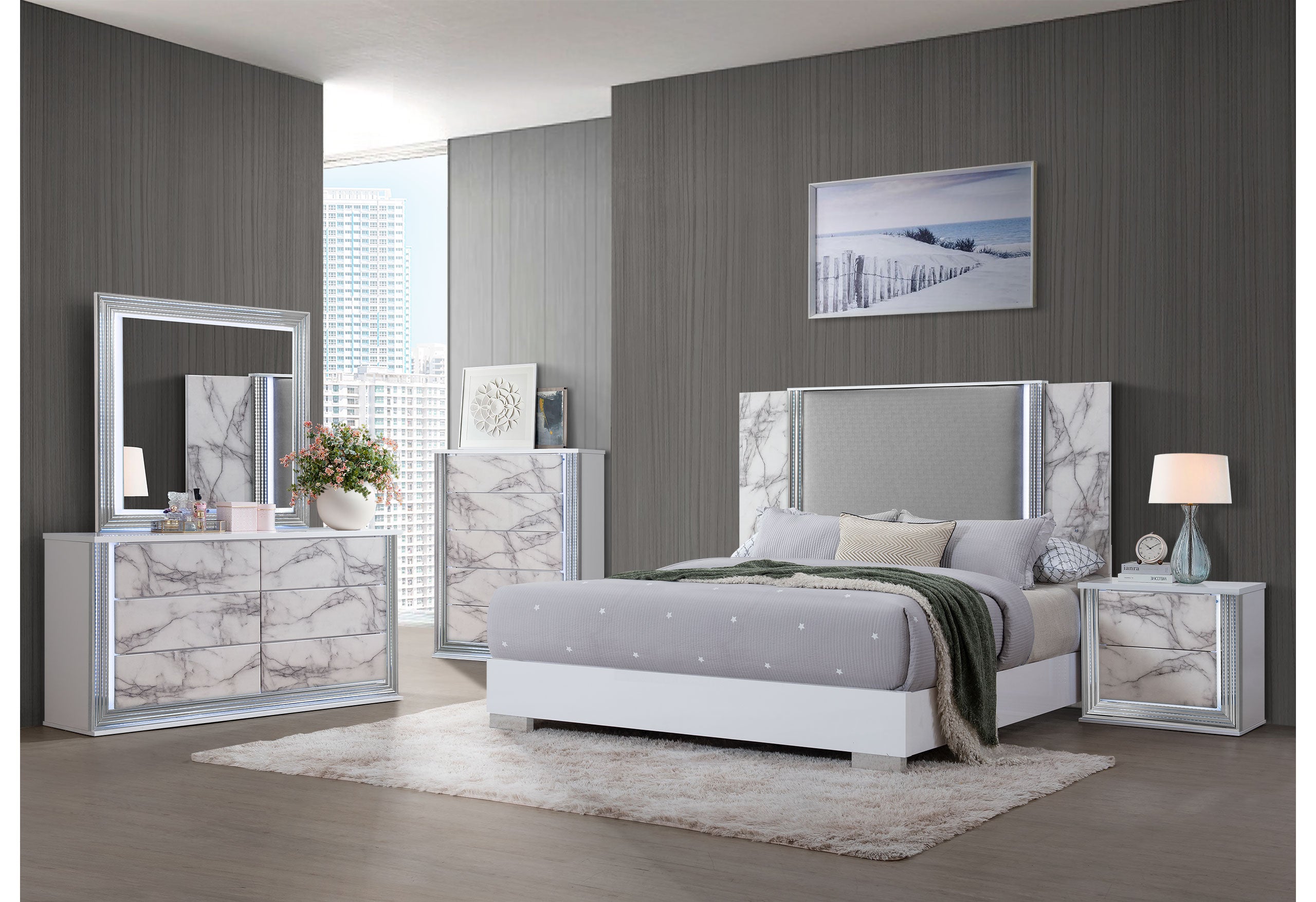 YLIME WHITE MARBLE KING BED FULLY SLATTED WITH LED
