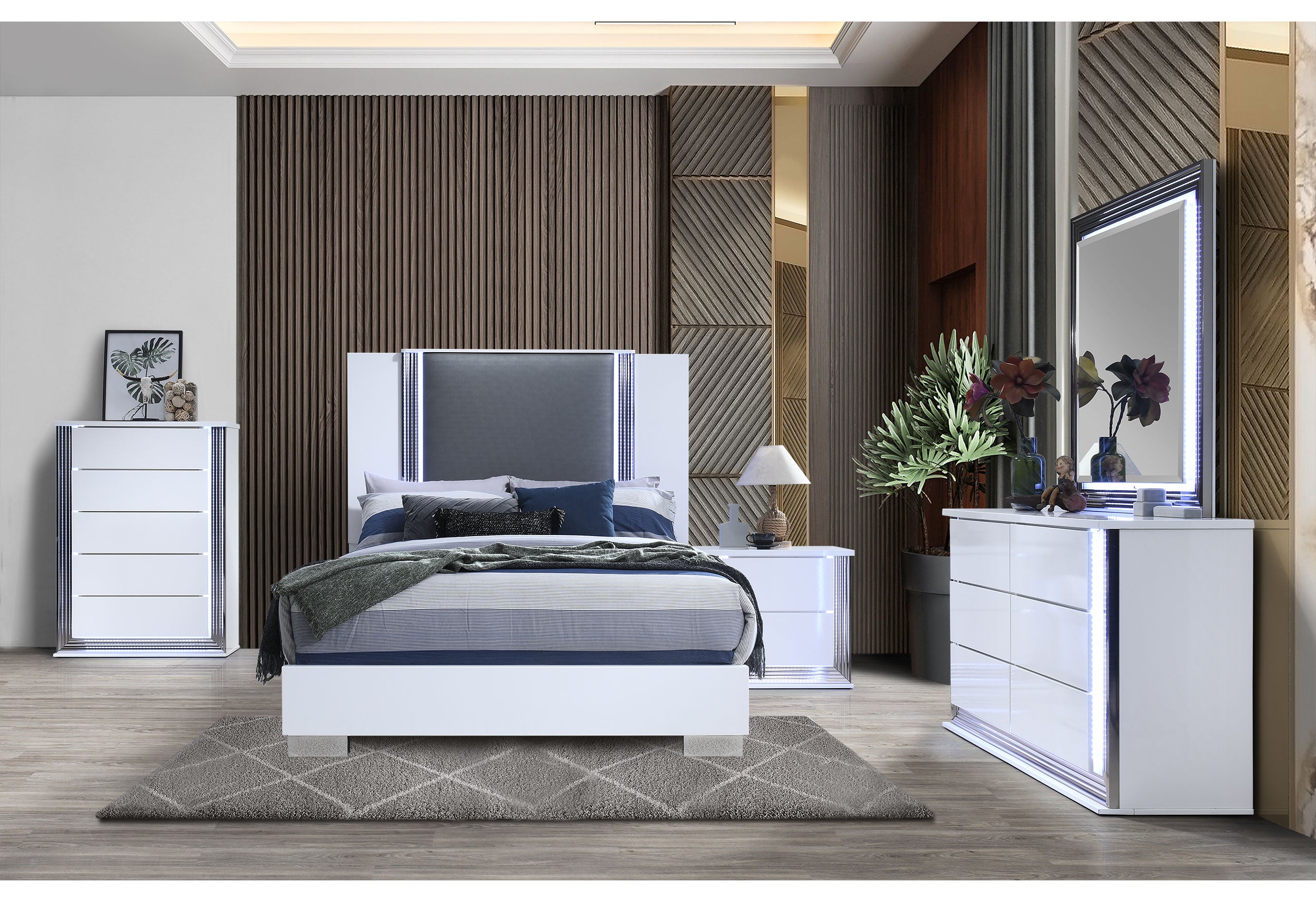 YLIME SMOOTH WHITE QUEEN BED WITH LED FULLY SLATTED