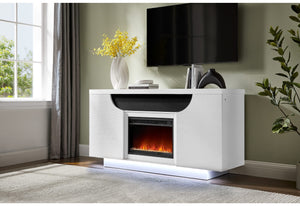 MUEBLE DE ENTRETENIMIENTO AILEEN WHITE DE 66" CON LED, ALTAVOCES, INSERTOS DE CRISTAL Y PUERTAS CENTRALES ELEVABLES