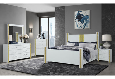 LOGAN WHITE/GOLD QUEEN BED, DRESSER, MIRROR AND NIGHTSTAND