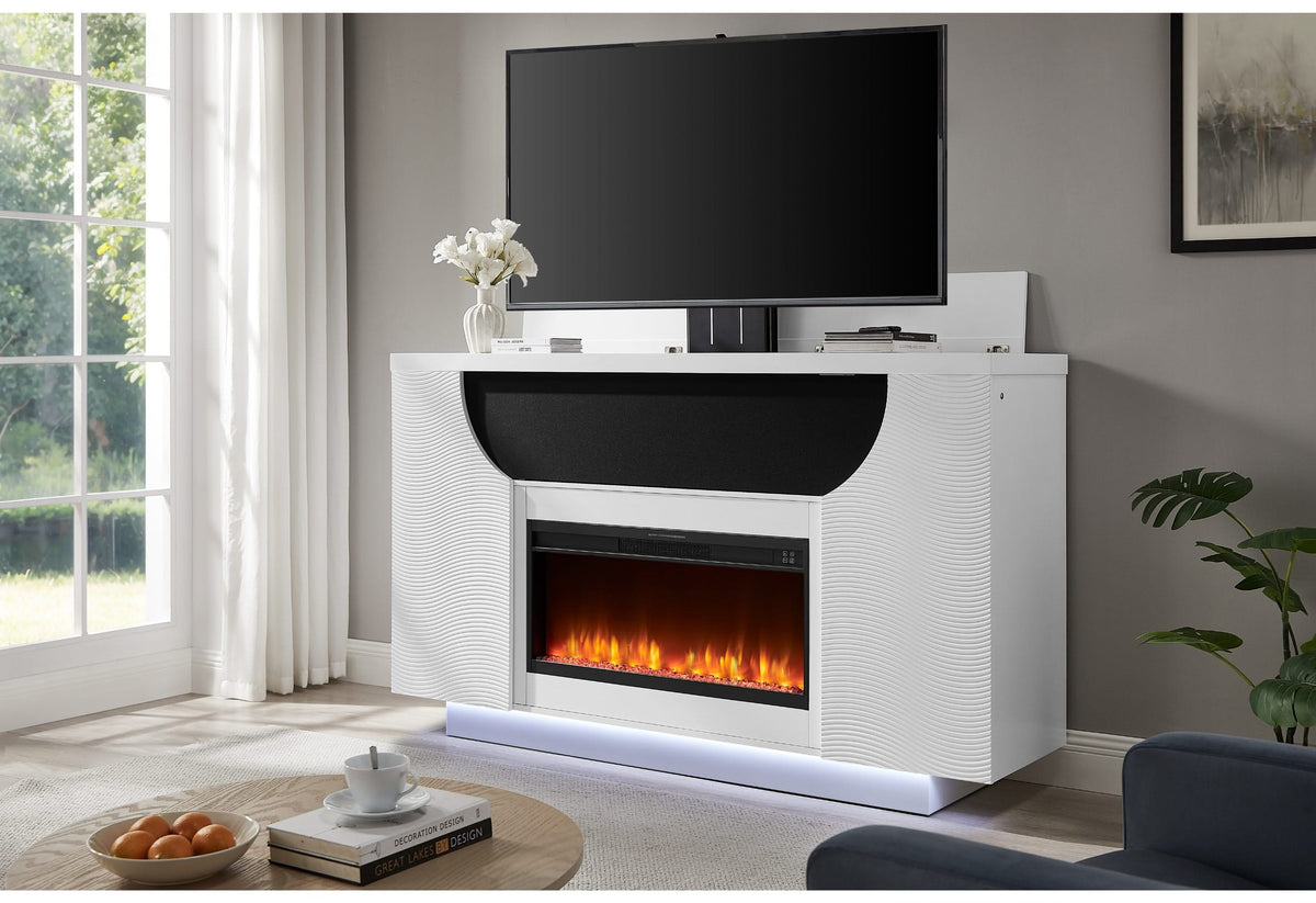 AVEENA WHITE 76" ENTERTAINMENT UNIT WITH TV, LED, SPEAKERS, CRYSTAL INSERTS AND POP UP CENTER DOORS