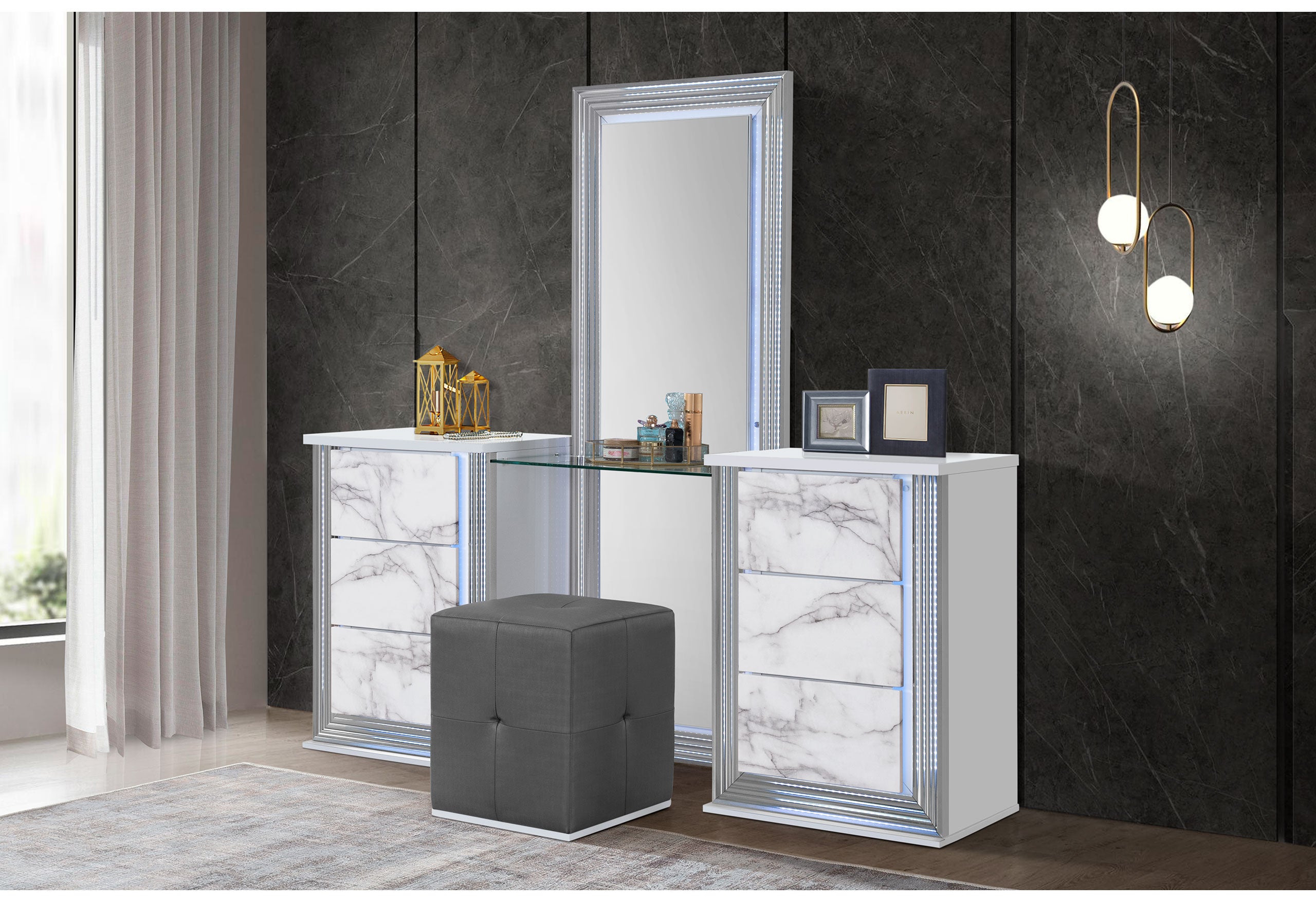YLIME WHITE MARBLE QUEEN BED GROUP FULLY SLATTED WITH VANITY SET