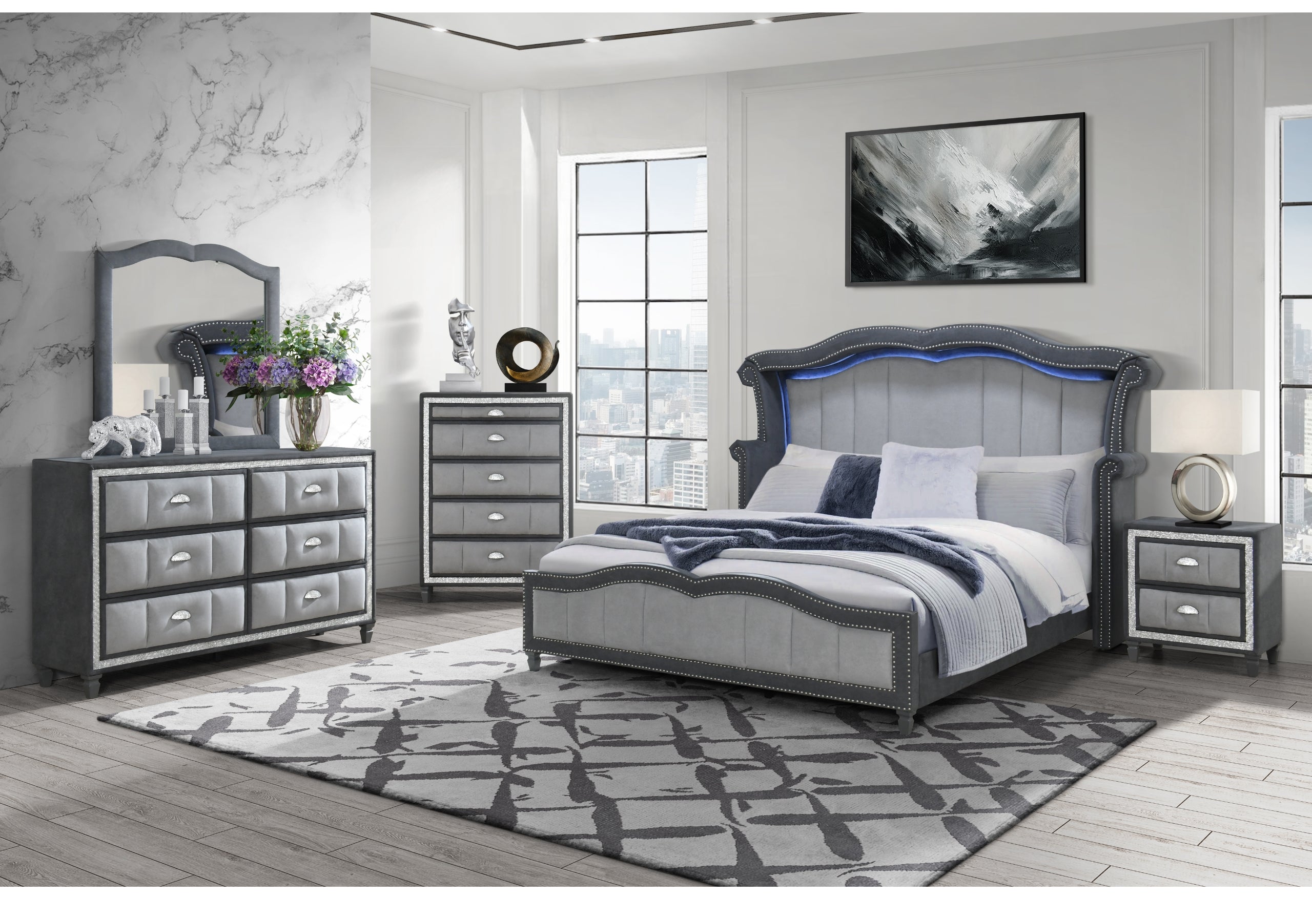 VANNA DARK GREY FULL BED, DRESSER, MIRROR AND NIGHTSTAND