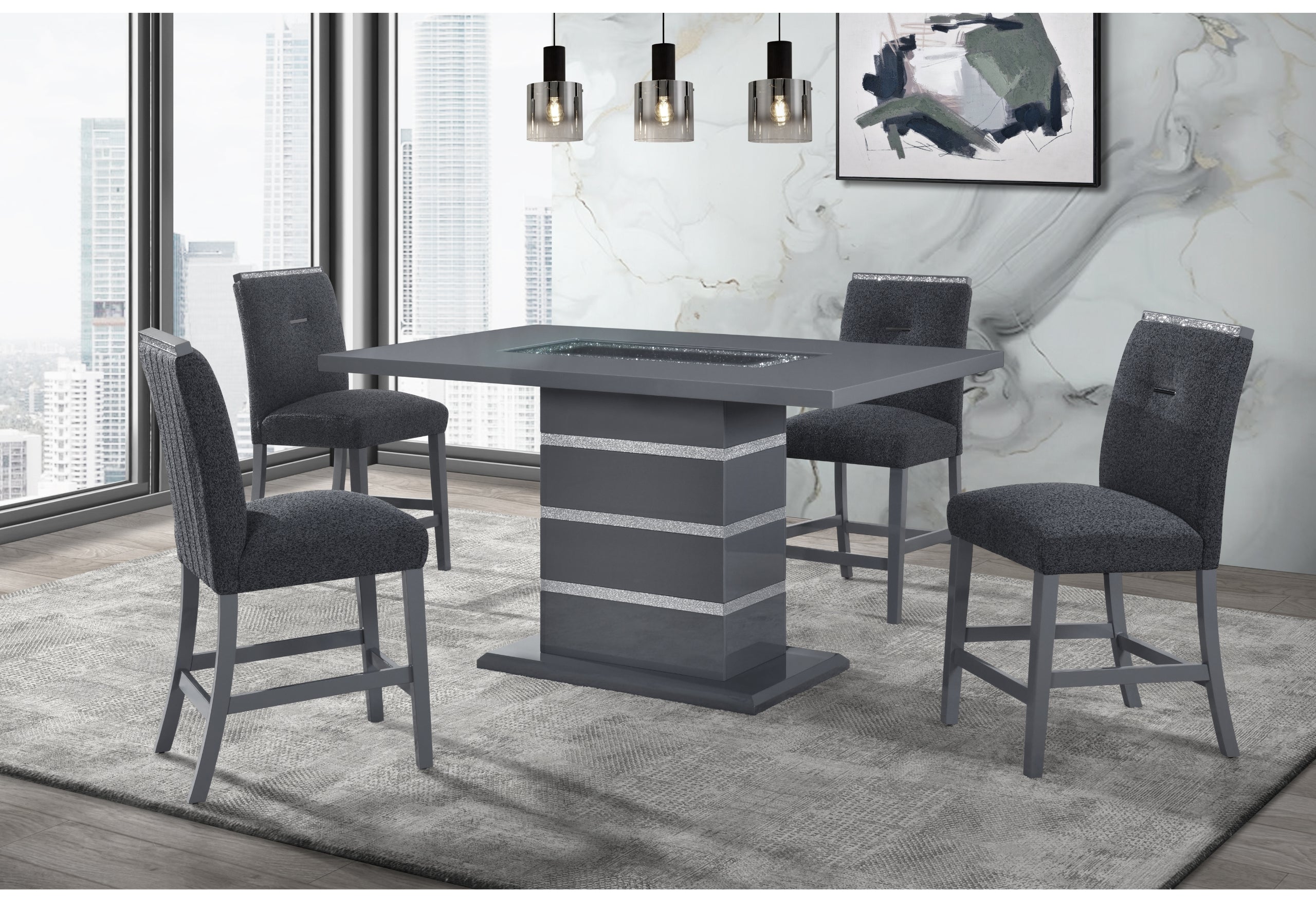 MONACO DARK GREY RECTANGULAR BAR TABLE AND 4 BAR STOOLS