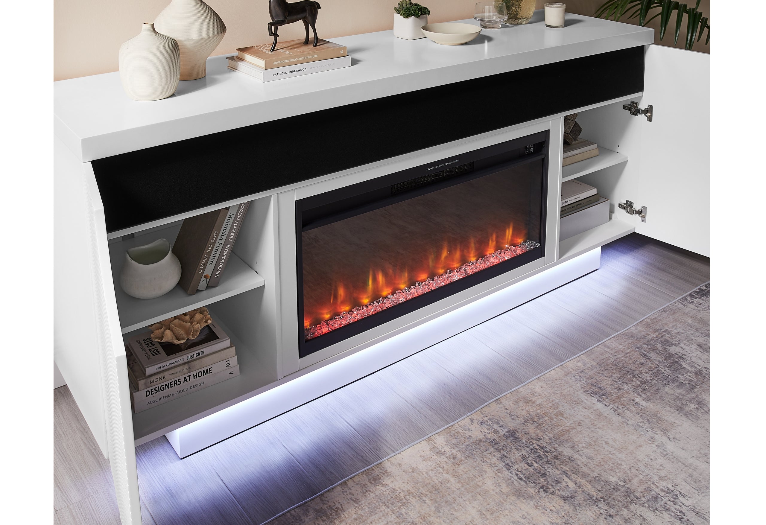 AILEEN WHITE 76" ENTERTAINMENT UNIT WITH LED, SPEAKERS, CRYSTAL INSERTS AND POP UP CENTER DOORS