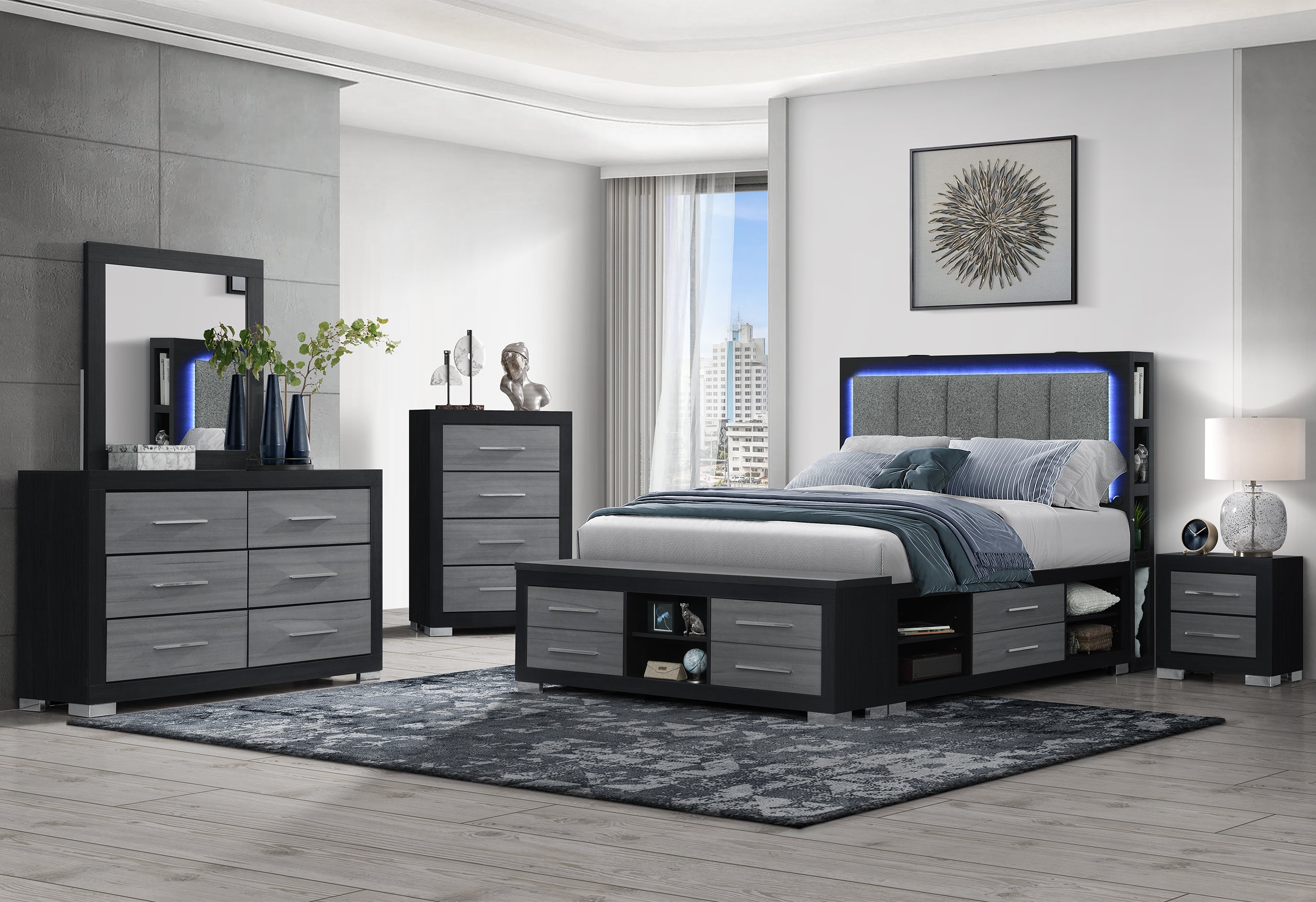 MADISON/EMMA BLACK/GREY KING BED, DRESSER, MIRROR AND CHEST