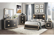 BLAKE BLACK/GOLD KING BED WITH LAMPS, DRESSER, MIRROR, NIGHTSTAND