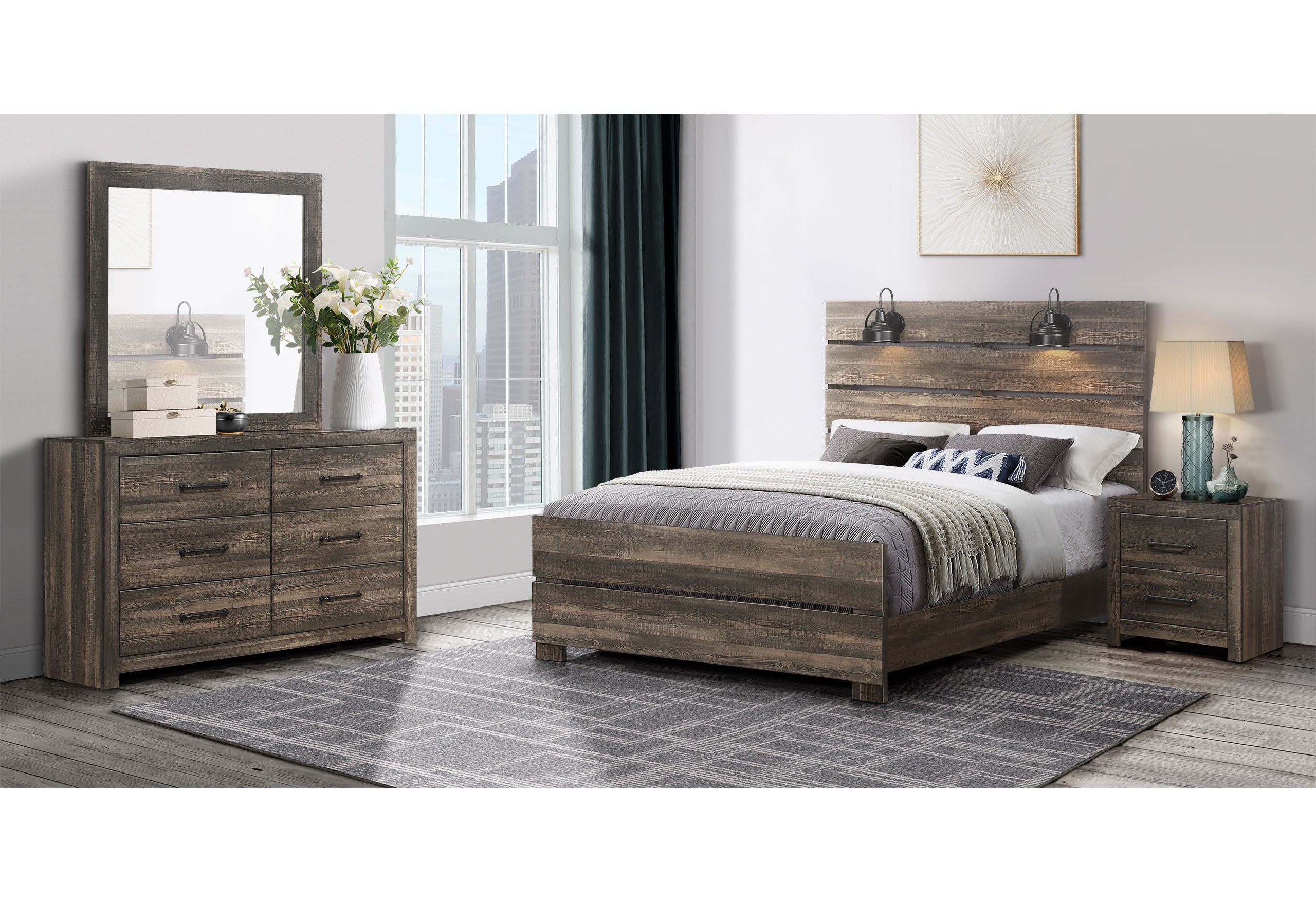 LINWOOD DARK OAK QUEEN BED GROUP WITH LAMPS