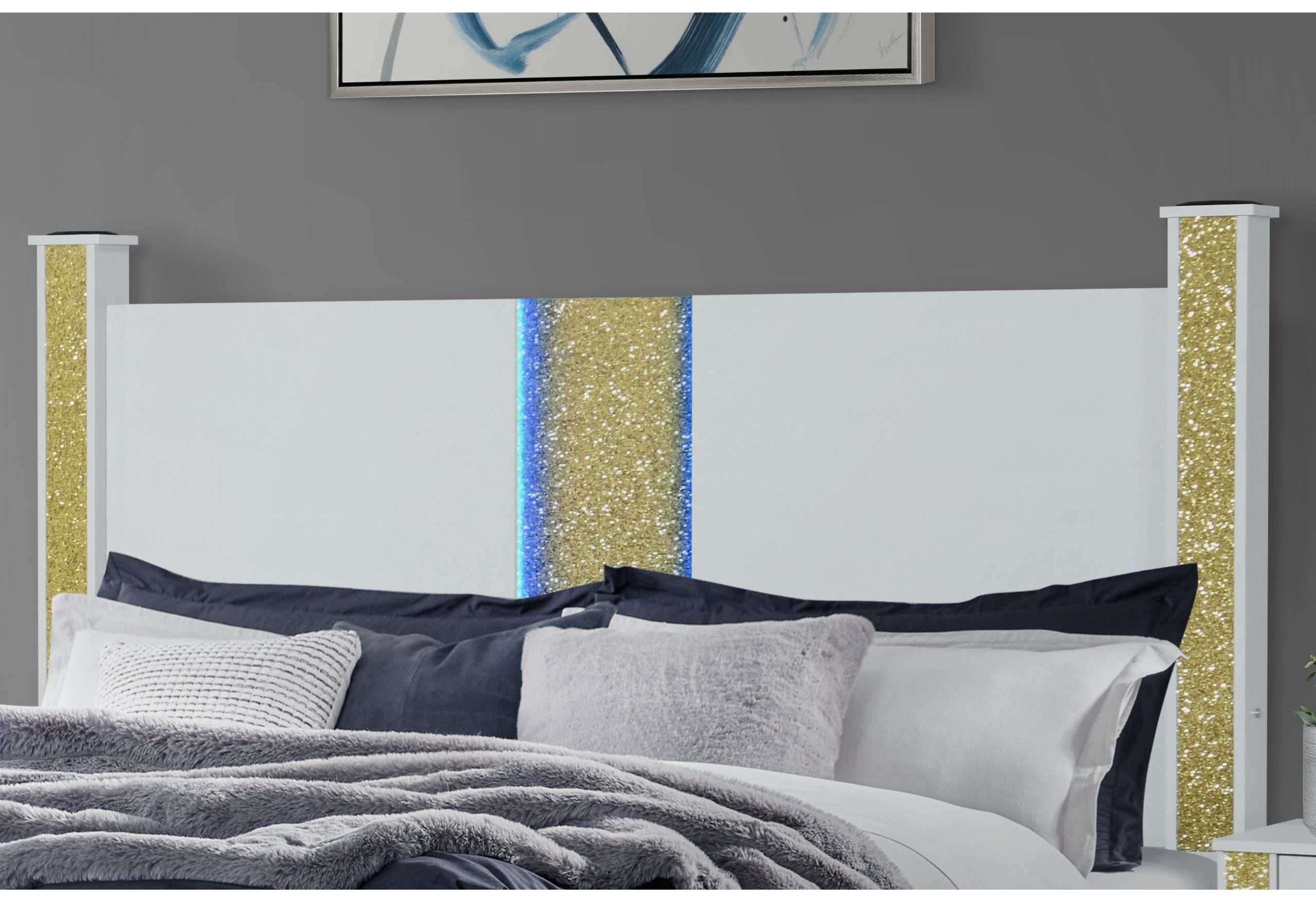 LOGAN WHITE/GOLD QUEEN BED, DRESSER, MIRROR AND NIGHTSTAND