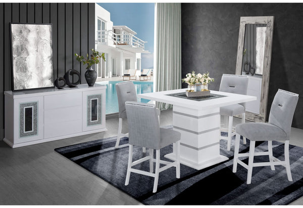 MESA DE BAR BLANCA MONACO + CONJUNTO DE 4 SILLAS MONACO