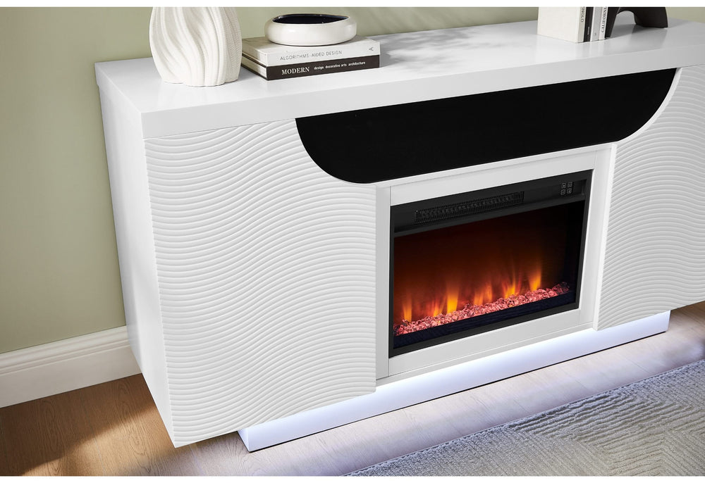 MUEBLE DE ENTRETENIMIENTO AILEEN WHITE DE 66" CON LED, ALTAVOCES, INSERTOS DE CRISTAL Y PUERTAS CENTRALES ELEVABLES