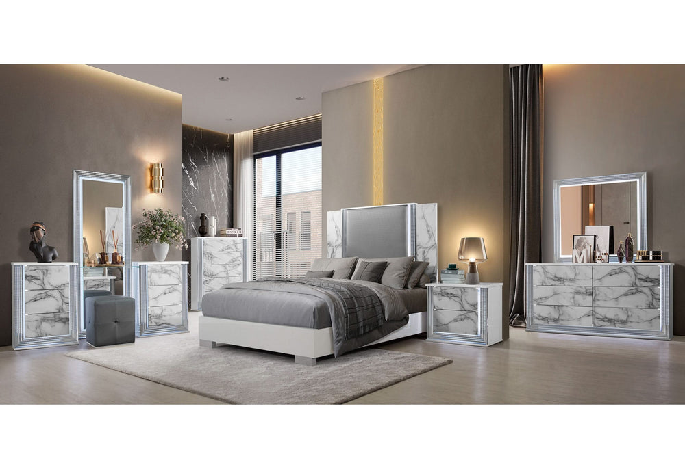 YLIME WHITE MARBLE QUEEN BED GROUP FULLY SLATTED WITH VANITY SET