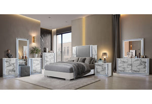 YLIME WHITE MARBLE QUEEN BED GROUP FULLY SLATTED WITH VANITY SET