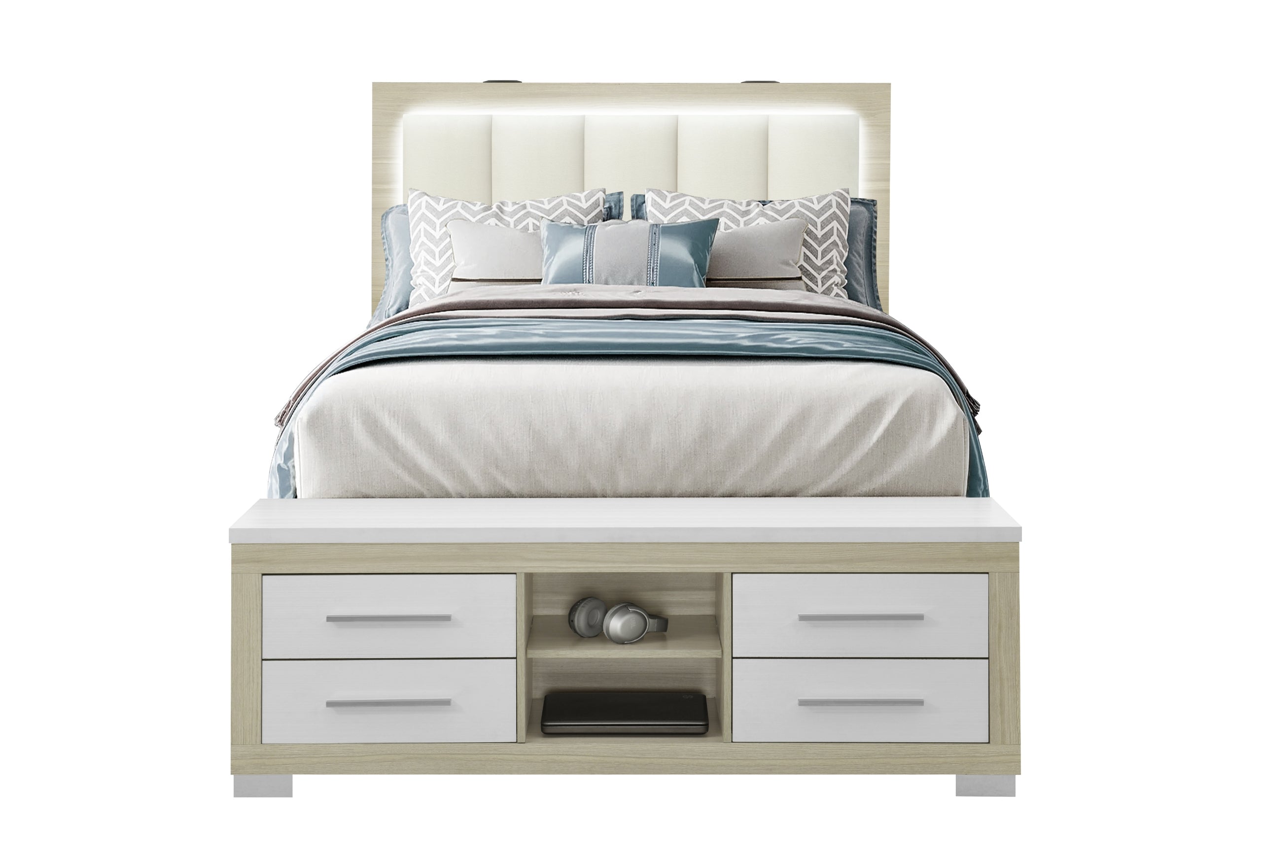 MADISON/EMMA NATURAL/WHITE QUEEN BED, DRESSER, MIRROR AND CHEST